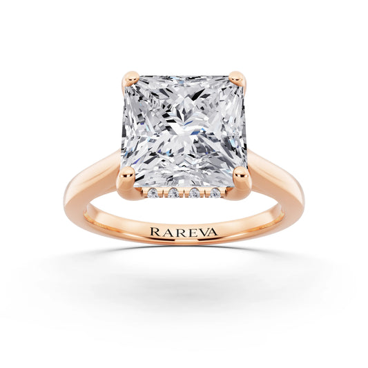 18 KT Rose Gold Princess Cut Diamond Solitaire Ring with Cathedral Band - front view