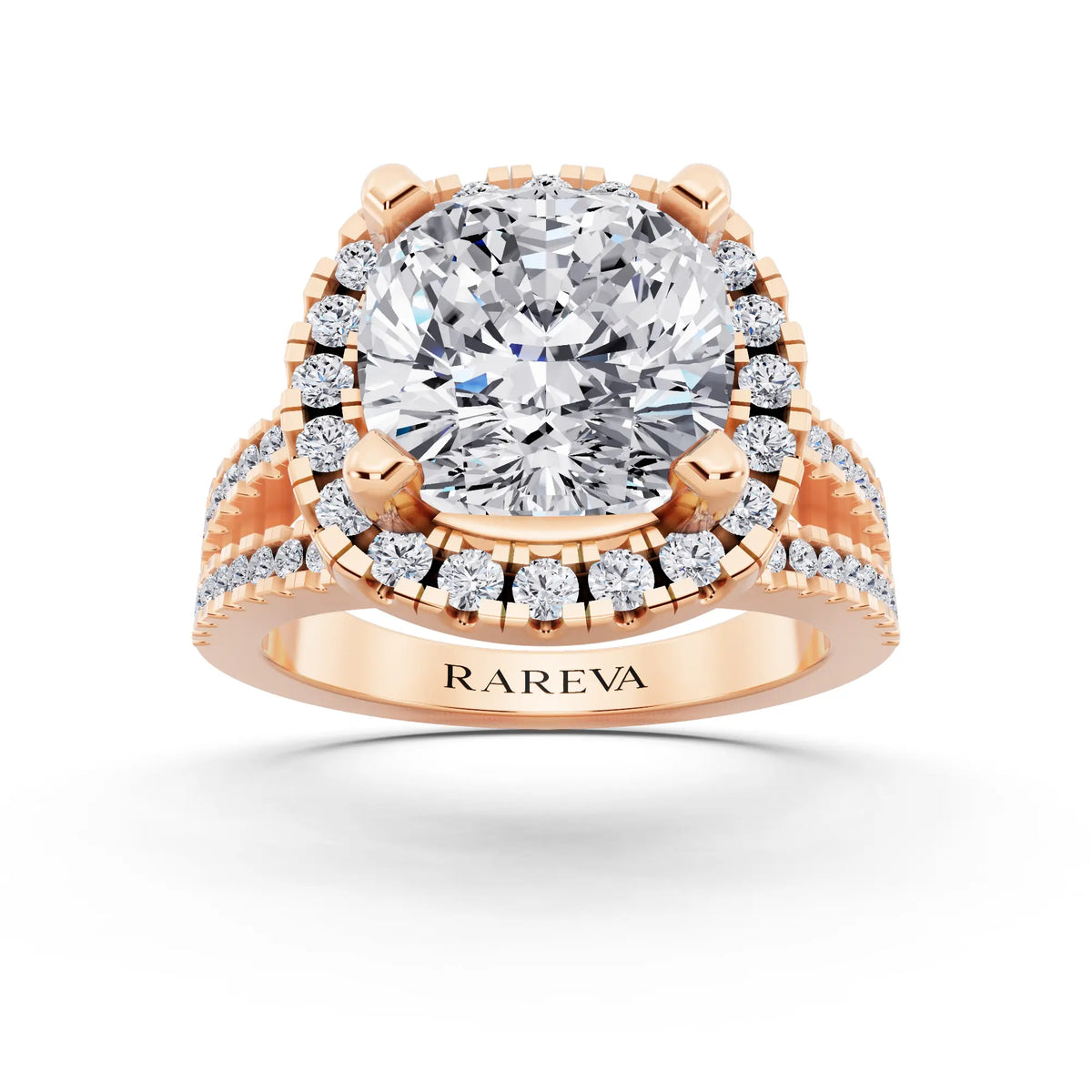 18 KT Rose Gold Cushion Cut Diamond Halo Ring with Pave Split Shank - front view