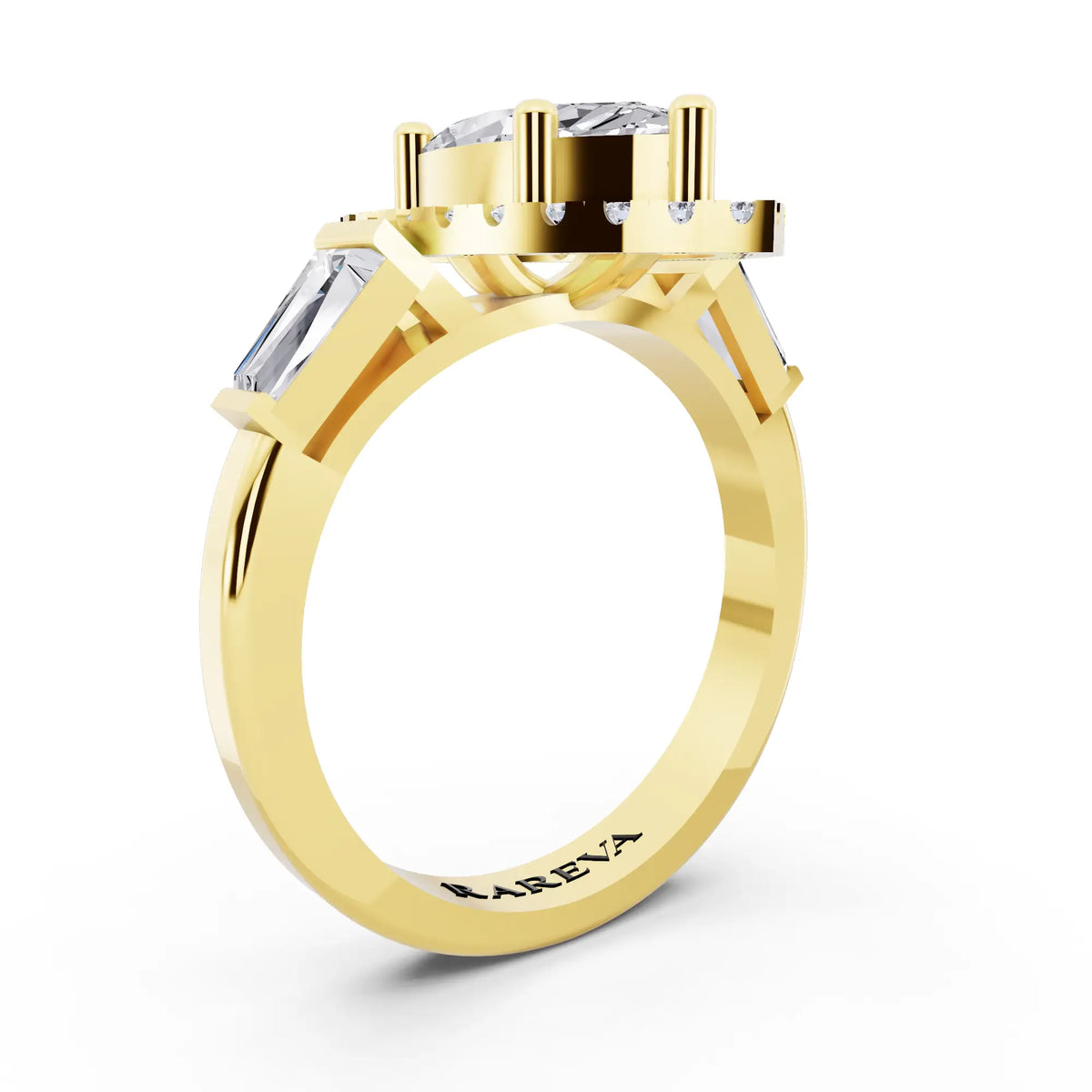 18 KT Yellow Gold Marquise Cut Diamond Halo Ring with Baguette Accents - top view