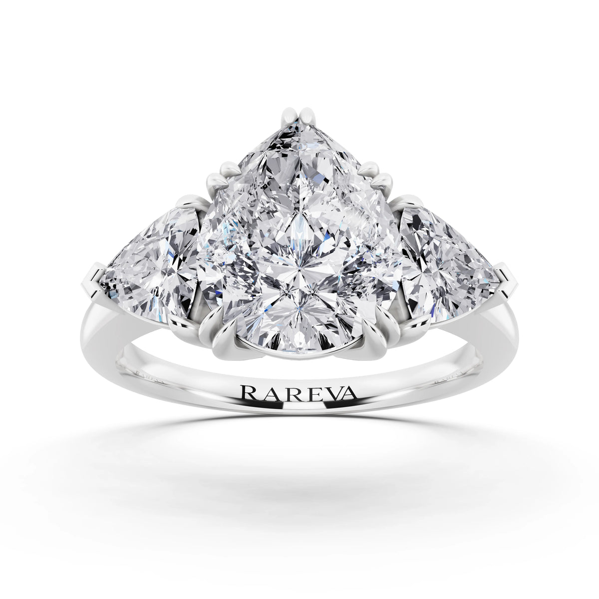 18 KT White Gold Pear Cut Diamond Three Stone Ring with Trillion Accents - front view