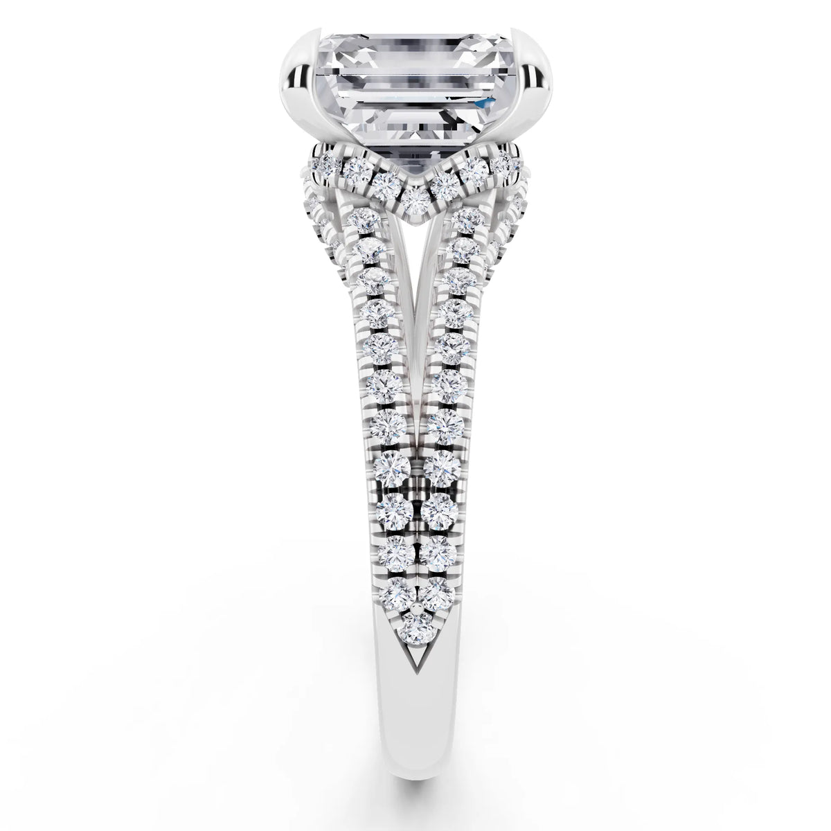 14 KT White Gold Asscher Cut Diamond Ring with Pavé Split Shank - side view