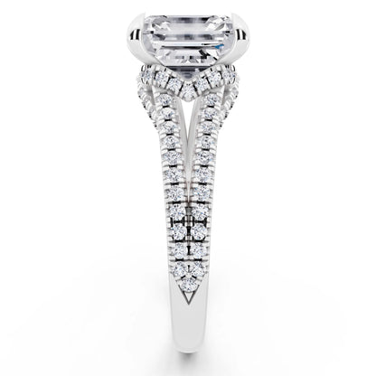 14 KT White Gold Asscher Cut Diamond Ring with Pavé Split Shank - side view