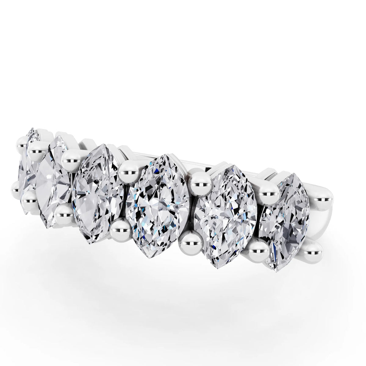 10K White Gold Seven Stone Marquise Cut Diamond Half Eternity Wedding Band - 2mm - Close up