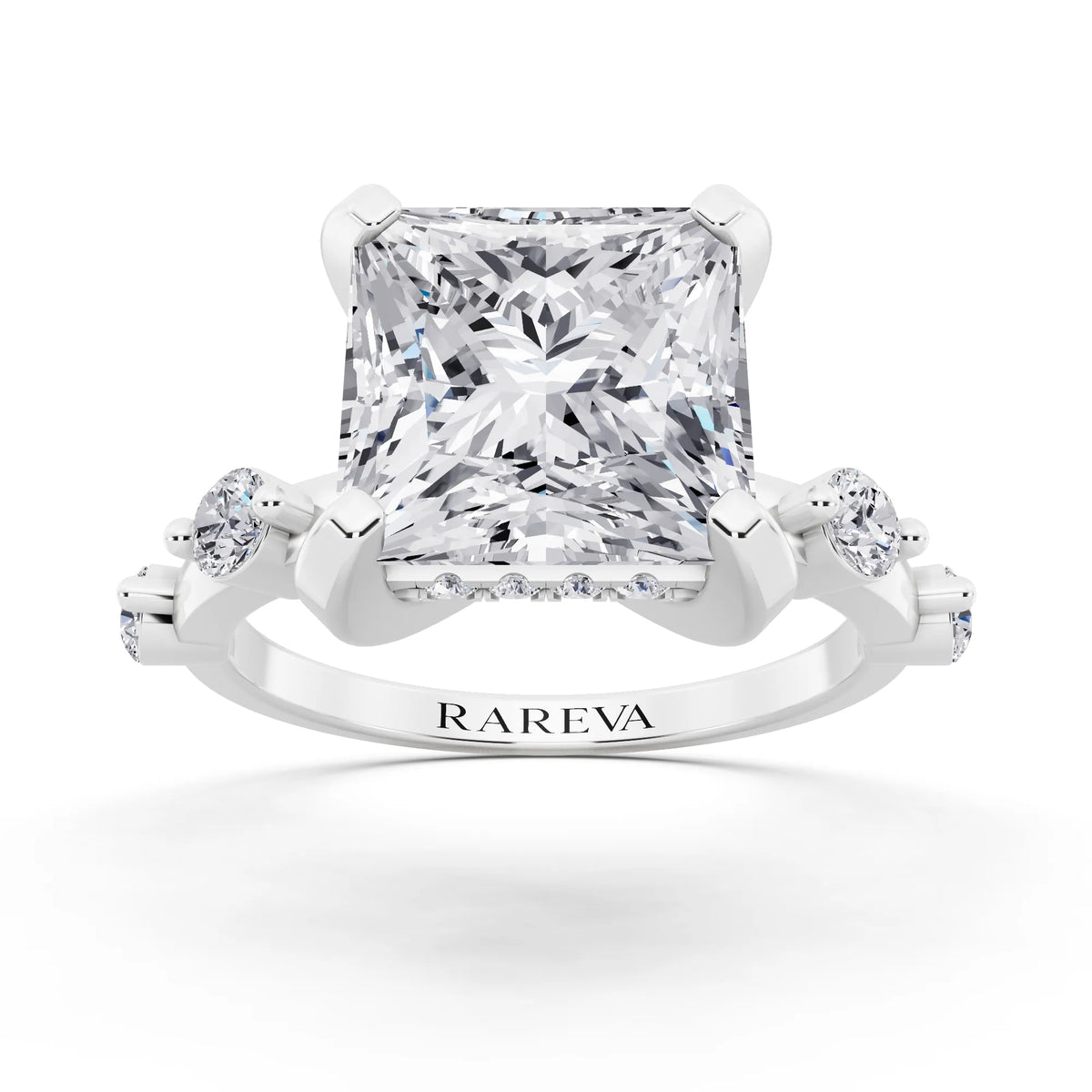 Platinum Princess Cut Diamond Solitaire Ring with Floating Diamond Accents - front view