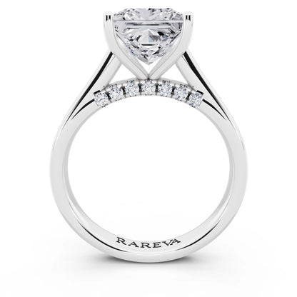 14 KT White Gold Princess Cut Diamond Solitaire Ring with Hidden Accent - through finger