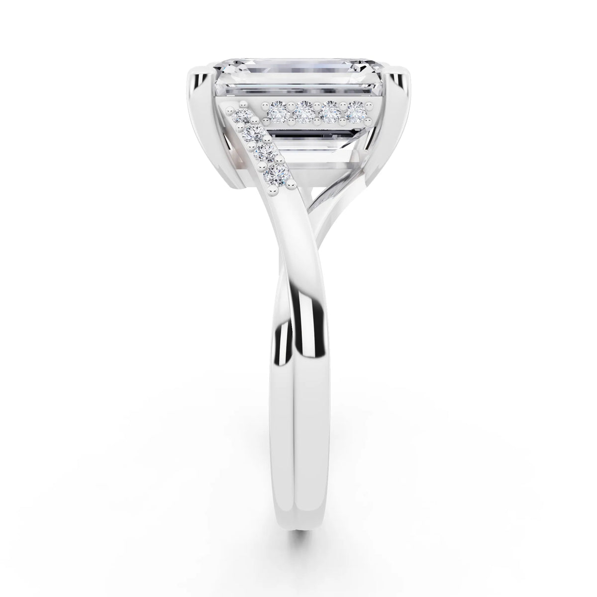 18 KT White Gold Emerald Cut Diamond Split Shank Engagement Ring with Hidden Halo - side view