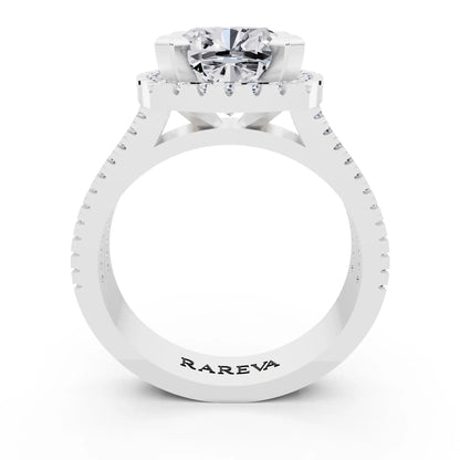 18 KT White Gold Cushion Cut Diamond Halo Ring with Twin Pave Band - through finger