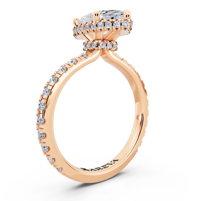 18 KT Rose Gold Marquise Cut Diamond Hidden Halo Ring with Pave Band - top view
