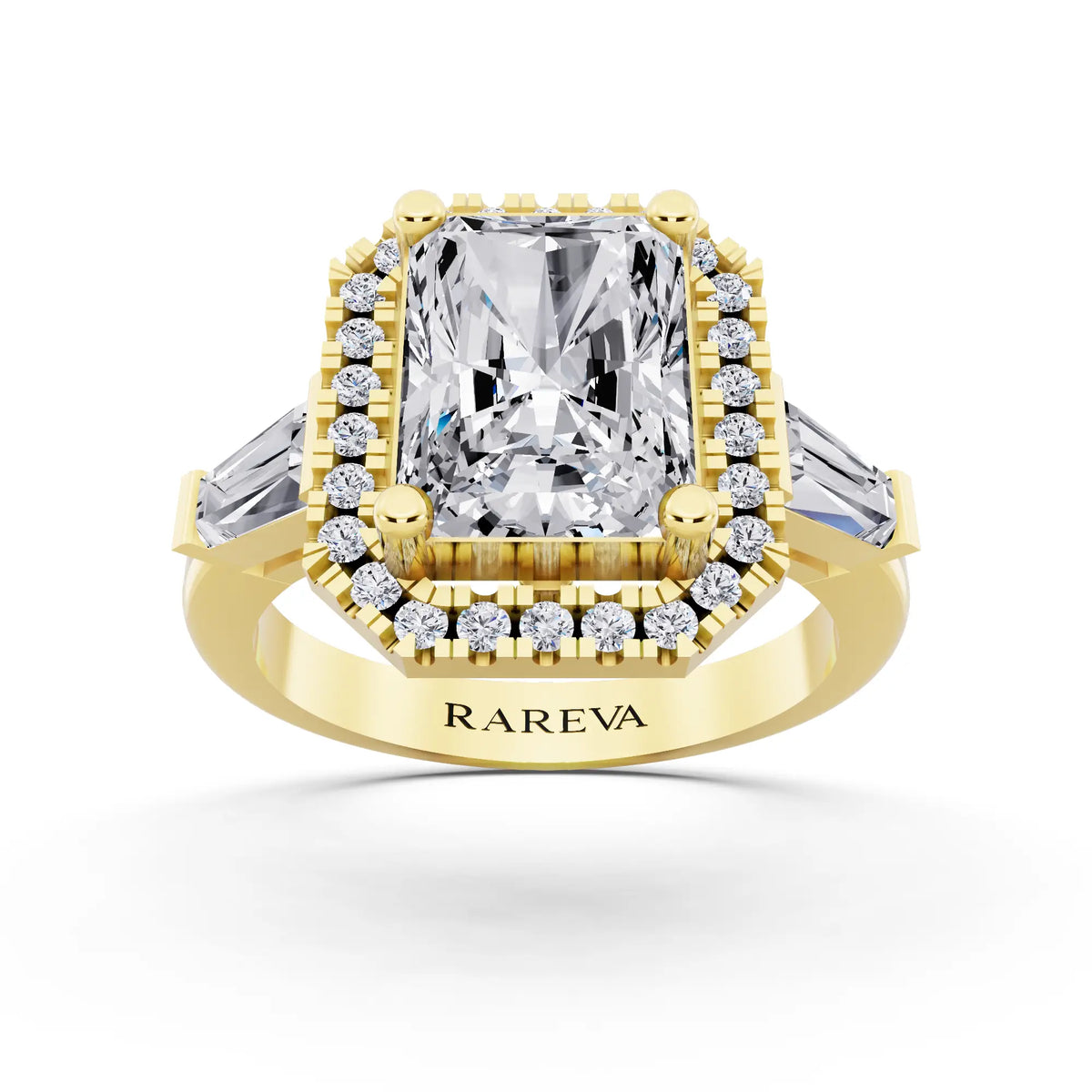 18 KT Yellow Gold Radiant Cut Diamond Halo Ring with Baguette Accents - front view