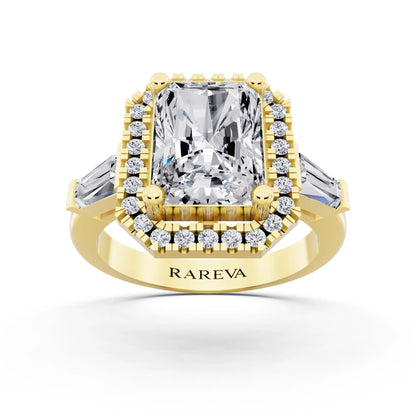 18 KT Yellow Gold Radiant Cut Diamond Halo Ring with Baguette Accents - front view
