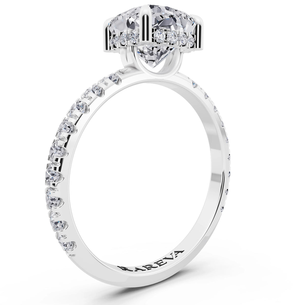 Platinum Cushion Cut Diamond Solitaire Ring with Hidden Halo and French Pave Band - top view