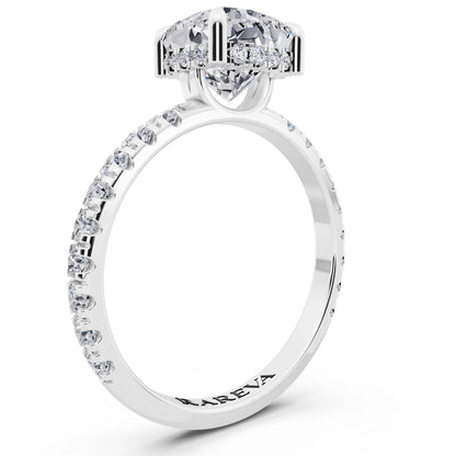 Platinum Cushion Cut Diamond Solitaire Ring with Hidden Halo and French Pave Band - top view