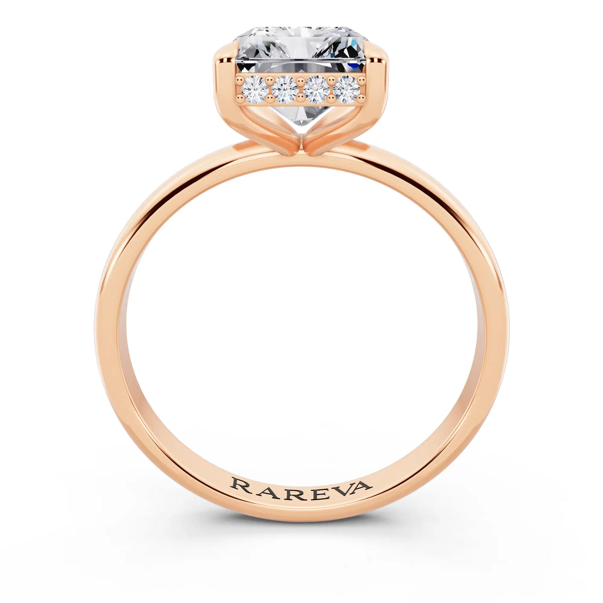 14 KT Rose Gold Radiant Cut Diamond Hidden Halo Solitaire Ring - through finger