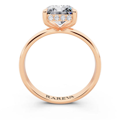 14 KT Rose Gold Radiant Cut Diamond Hidden Halo Solitaire Ring - through finger