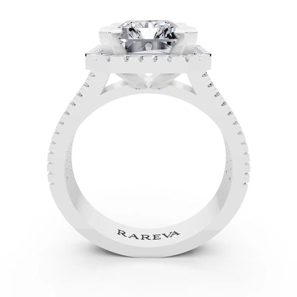 Platinum Radiant Cut Diamond Halo Ring with Twin Pave Band - through finger