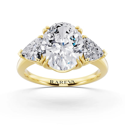 14 KT Yellow Gold Oval Cut Diamond Three Stone Ring with Trillion Accents - front view