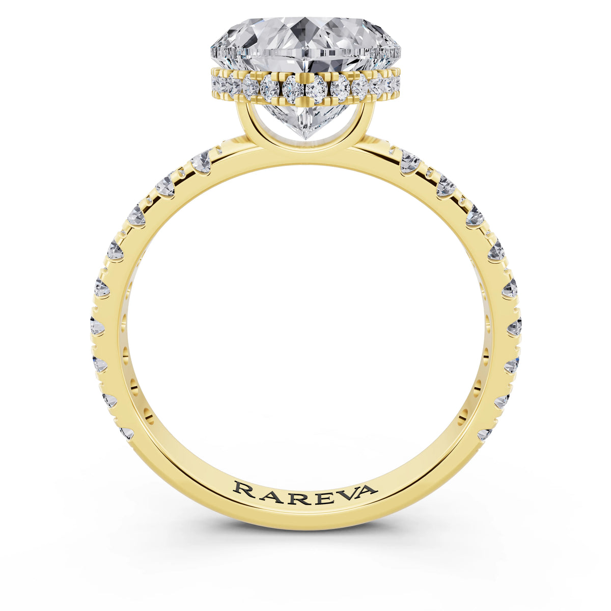14 KT Yellow Gold Heart Cut Diamond Solitaire Ring with Hidden Halo and French Pave Band - through finger