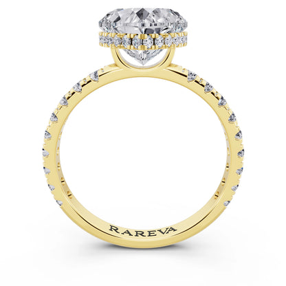 14 KT Yellow Gold Heart Cut Diamond Solitaire Ring with Hidden Halo and French Pave Band - through finger