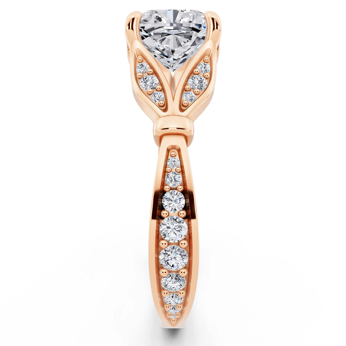 18 KT Rose Gold Cushion Cut Diamond Ring with Lotus Collar - side view