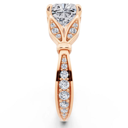 18 KT Rose Gold Cushion Cut Diamond Ring with Lotus Collar - side view