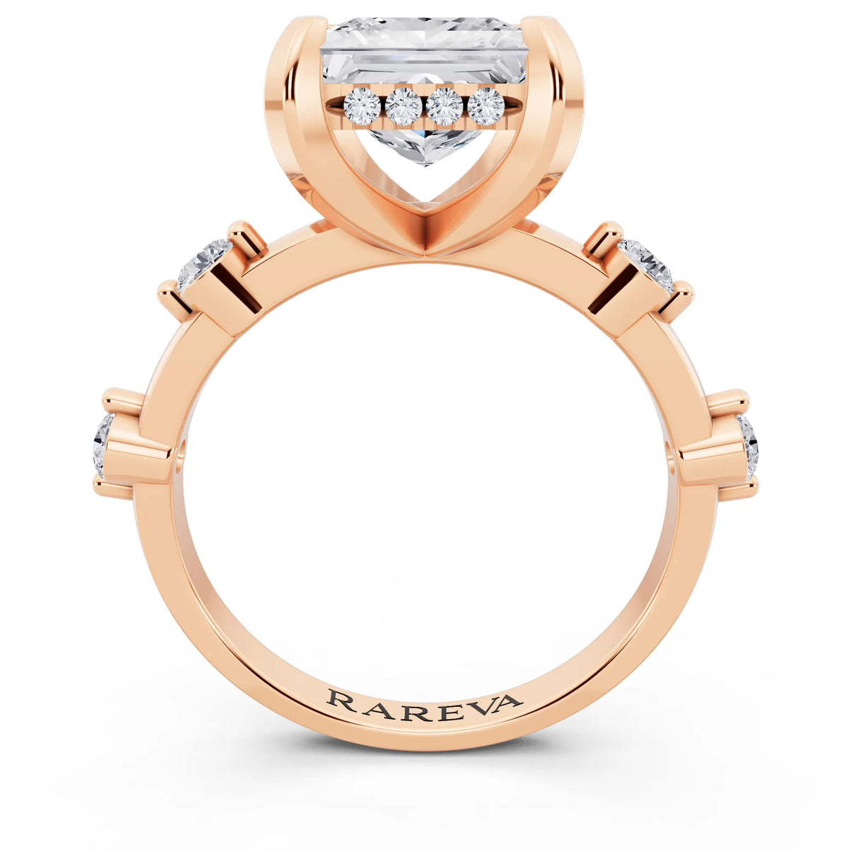 18 KT Rose Gold Princess Cut Diamond Solitaire Ring with Floating Diamond Accents - through finger