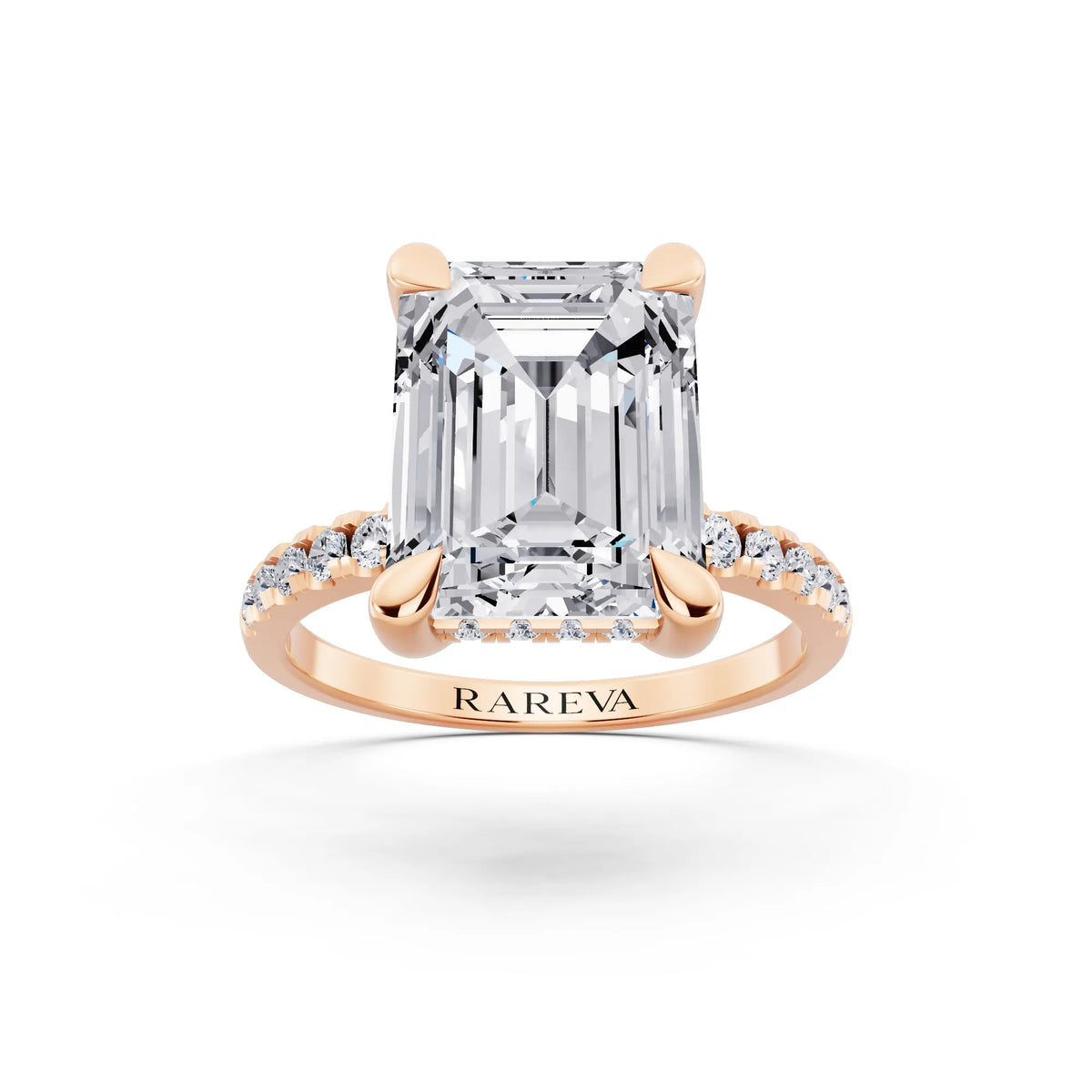 14 KT Rose Gold Emerald Cut Diamond Solitaire Ring with Round Pavé Band and Prong Setting - front view