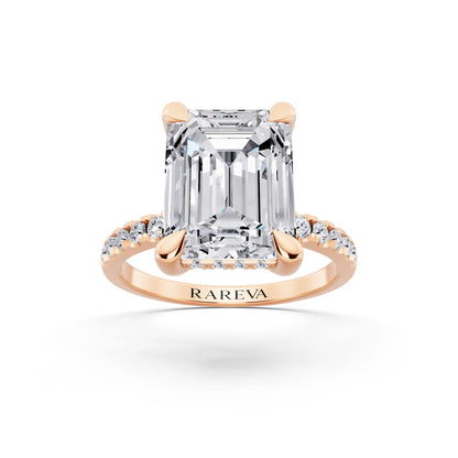 14 KT Rose Gold Emerald Cut Diamond Solitaire Ring with Round Pavé Band and Prong Setting - front view