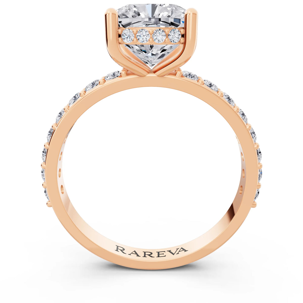 18 KT Rose Gold Cushion Cut Diamond Solitaire Ring with Hidden Halo and Pave Band - through finger