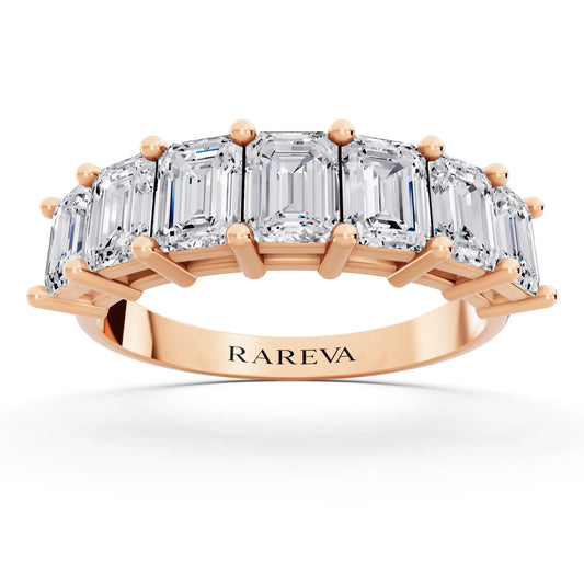 14K Rose Gold Seven Stone Emerald Cut Diamond Half Eternity Wedding Band - 2mm - Front