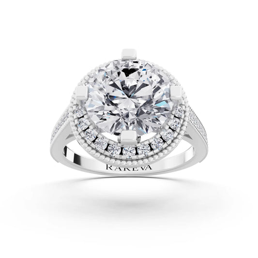 18 KT White Gold Round Cut Diamond Vintage Halo Ring with Milgrain Band - Front