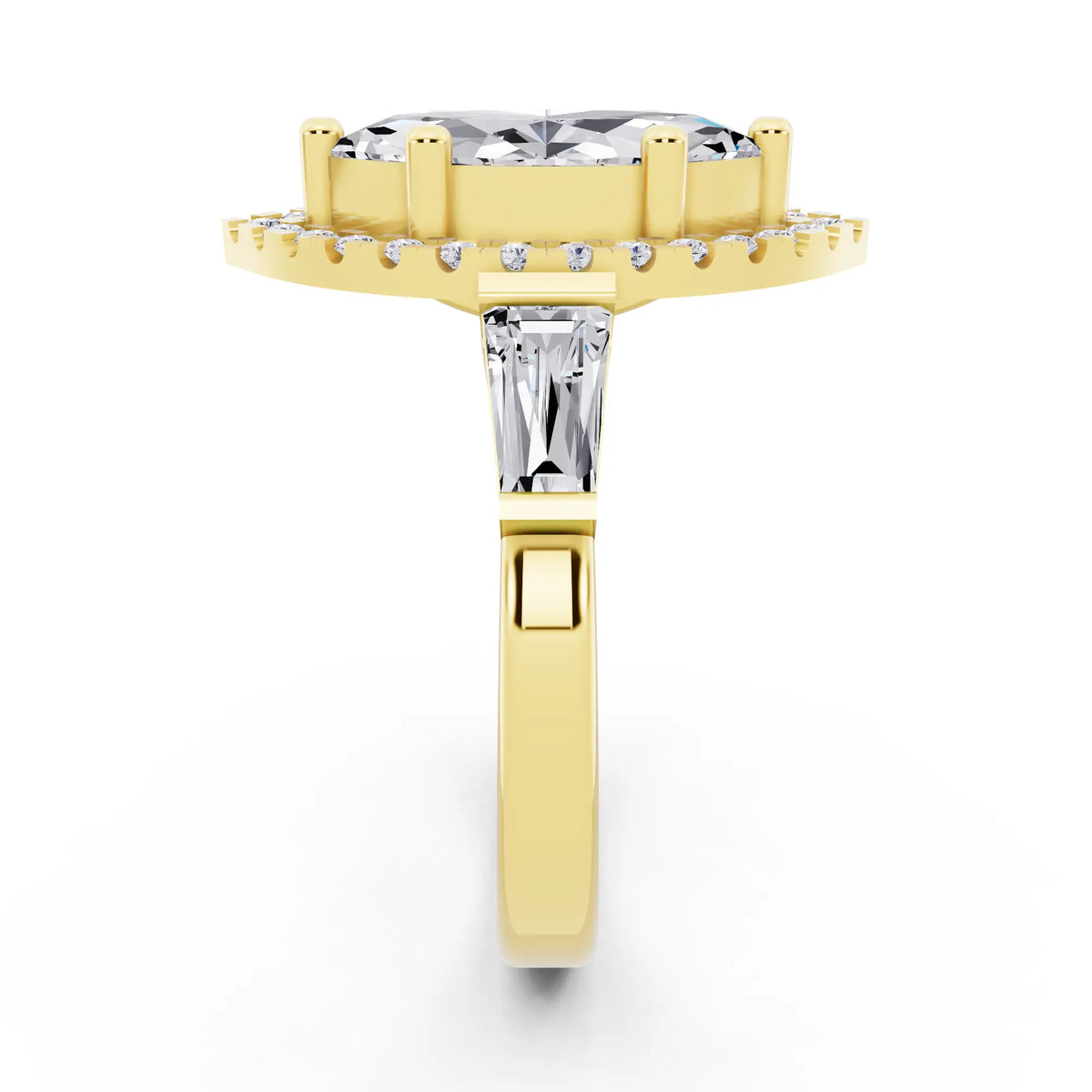 18 KT Yellow Gold Marquise Cut Diamond Halo Ring with Baguette Accents - side view