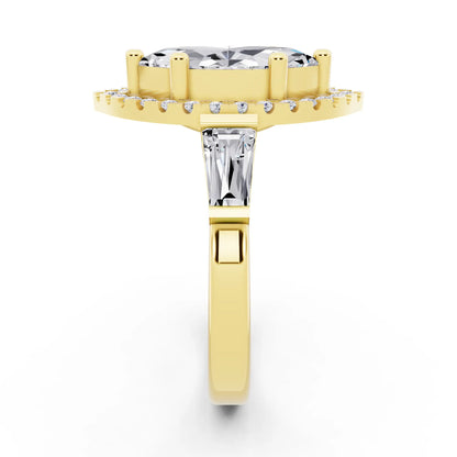 18 KT Yellow Gold Marquise Cut Diamond Halo Ring with Baguette Accents - side view