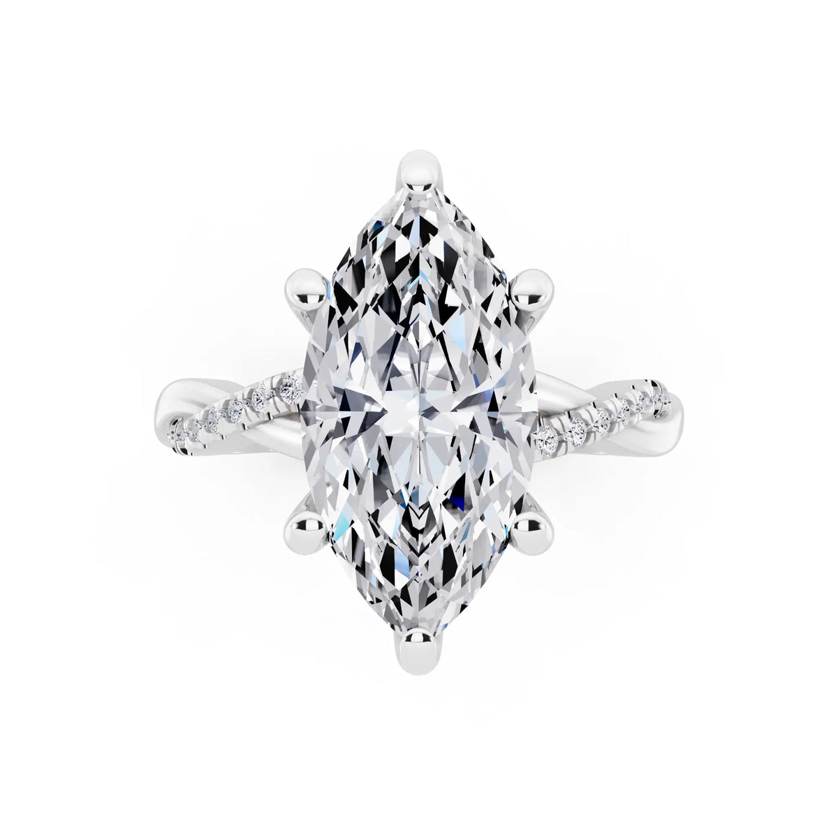 Platinum Marquise Cut Diamond Hidden Halo Ring with Twisted Pave Band - top angle