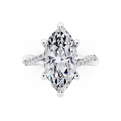 Platinum Marquise Cut Diamond Hidden Halo Ring with Twisted Pave Band - top angle
