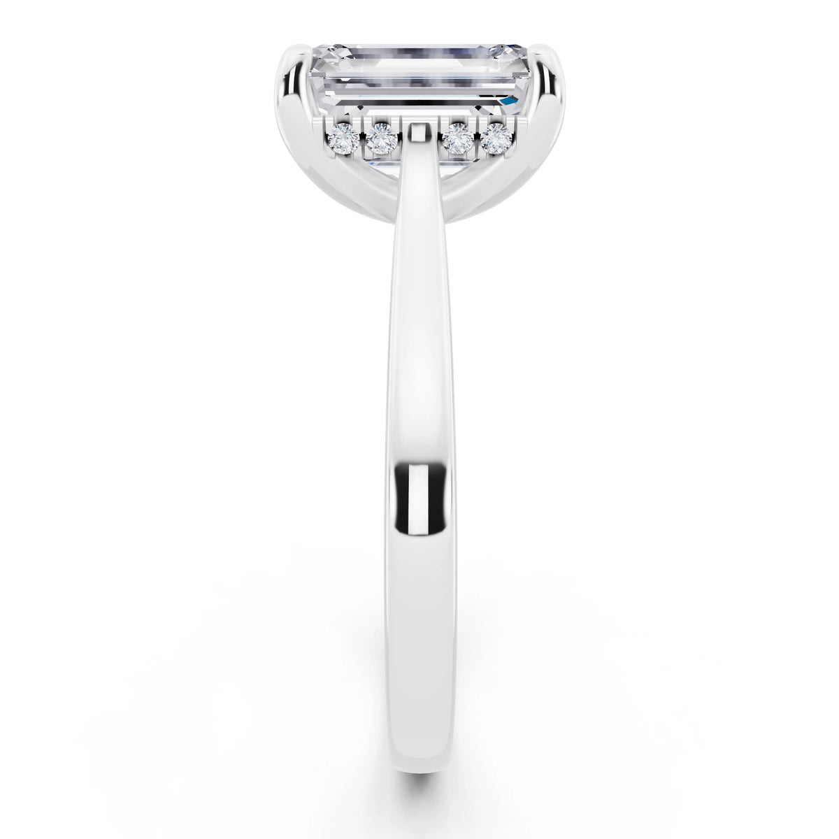 14 KT White Gold Emerald Cut Diamond Solitaire Ring with Cathedral Band - side view