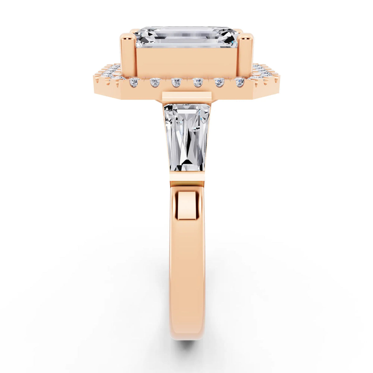 18 KT Rose Gold Emerald Cut Diamond Halo Ring with Baguette Accents - side view