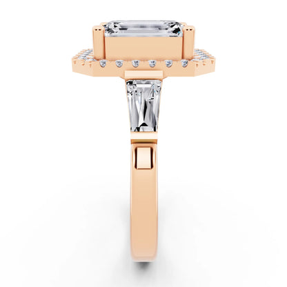 18 KT Rose Gold Emerald Cut Diamond Halo Ring with Baguette Accents - side view