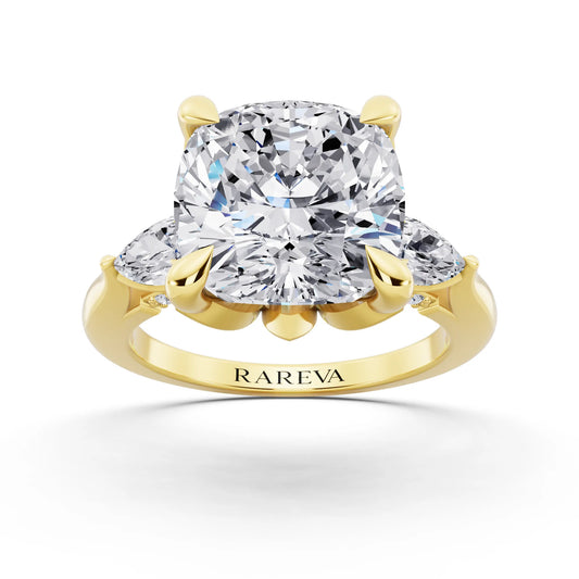 14 KT Yellow Gold Cushion Cut Diamond Cluster Engagement Ring with Pear Accents and Pavé Band - front view