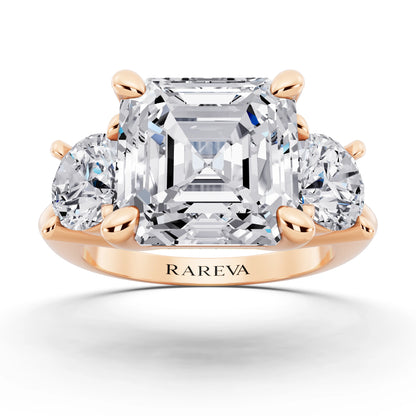 18 KT Rose Gold Asscher Cut Diamond Three Stone Ring with Round Accents - front view