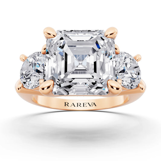 18 KT Rose Gold Asscher Cut Diamond Three Stone Ring with Round Accents - front view