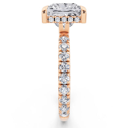 18 KT Rose Gold Princess Cut Diamond Solitaire Ring with Hidden Halo and French Pave Band - side view