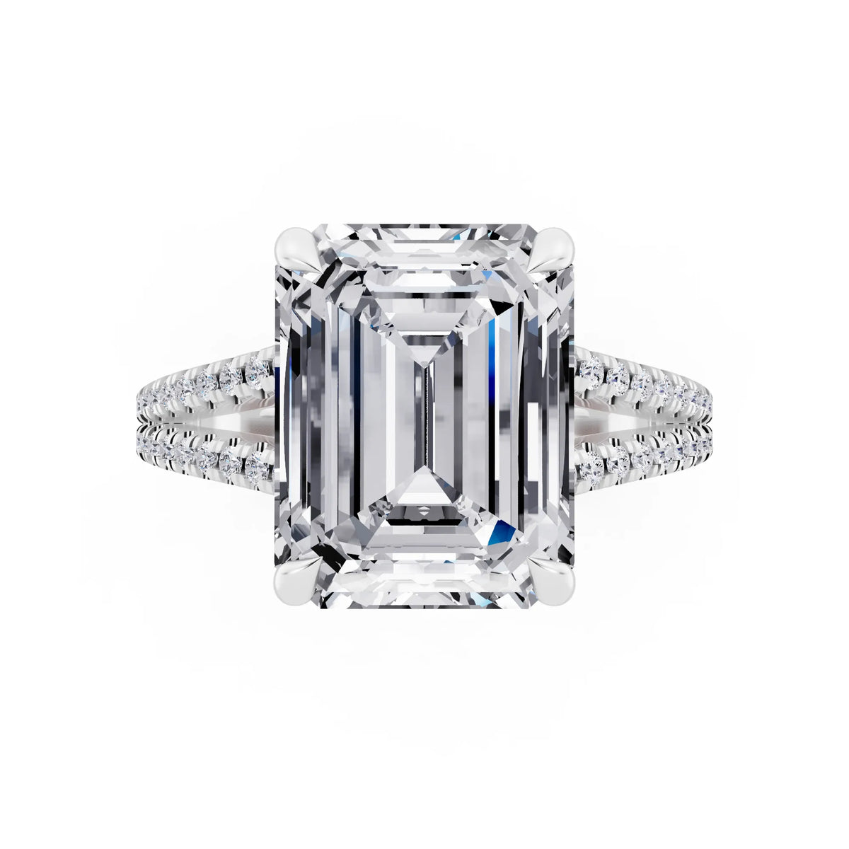 18 KT White Gold Emerald Cut Diamond Ring with Pavé Split Shank - top angle