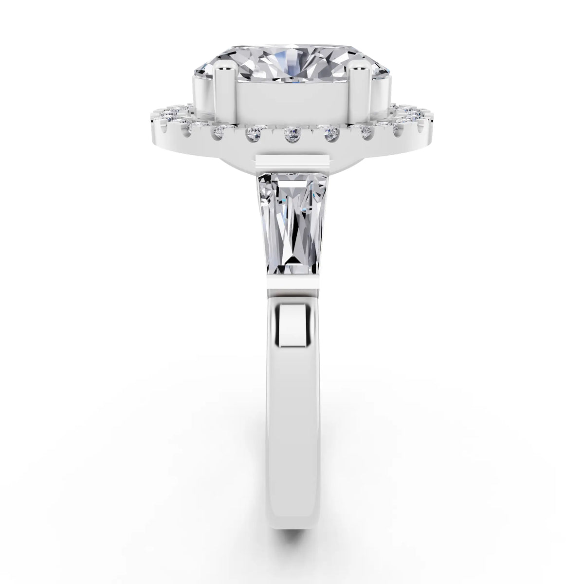 Platinum Oval Cut Diamond Halo Ring with Baguette Accents - side view