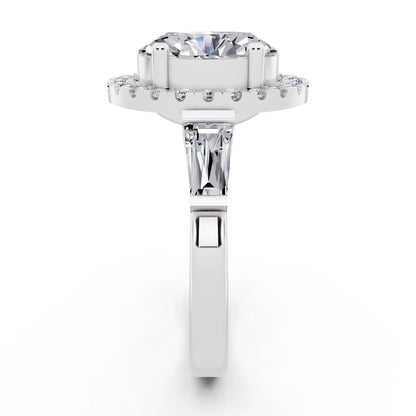 Platinum Oval Cut Diamond Halo Ring with Baguette Accents - side view