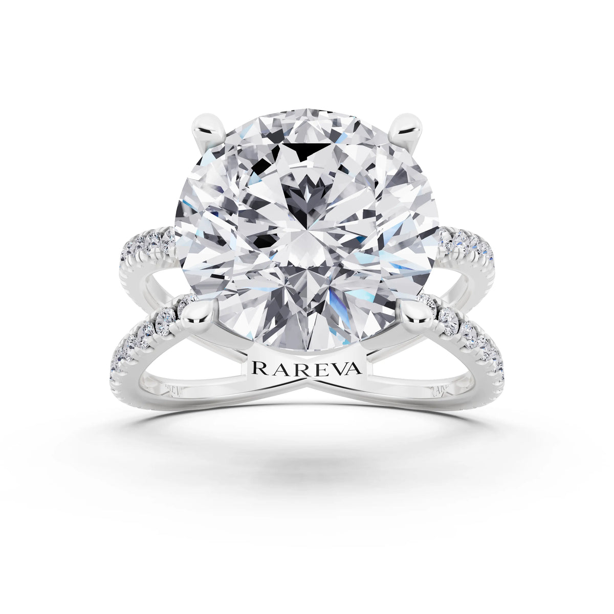 18 KT White Gold Round Cut Diamond Ring with Twisted Split Shank - front view