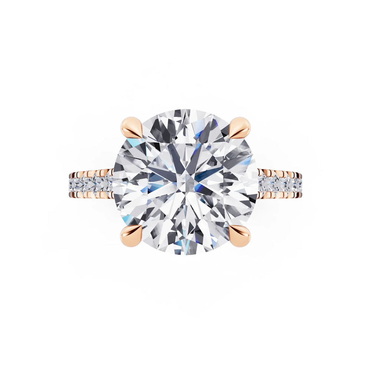 18 KT Rose Gold Round Cut Diamond Solitaire Ring with Pave Band - Top down