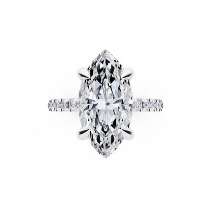 Platinum Marquise Cut Diamond Solitaire Ring with Round Pavé Band and Prong Setting - top angle