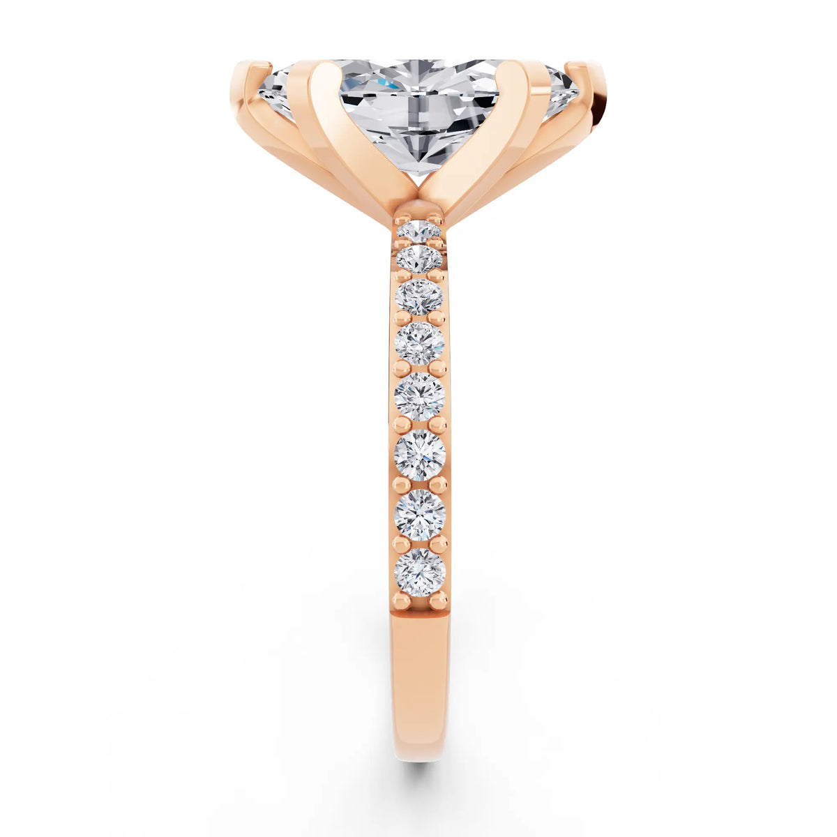 18 KT Rose Gold Marquise Cut Diamond Solitaire Ring with Pave Shank - side view