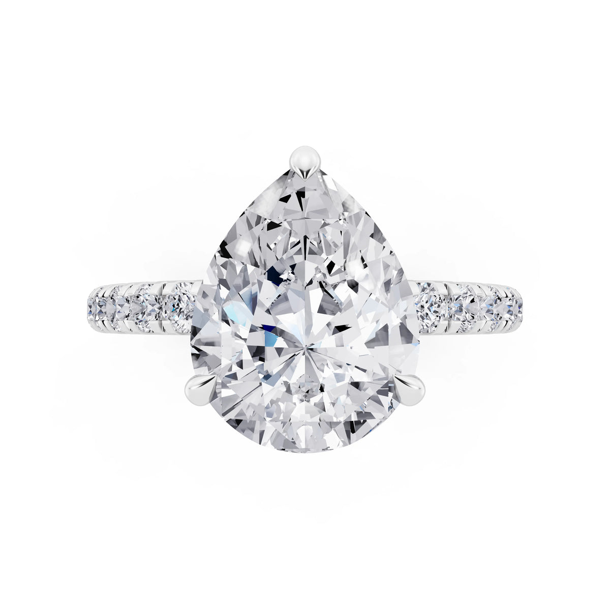 18 KT White Gold Pear Cut Diamond Solitaire Ring with Hidden Halo and French Pave Band - top angle