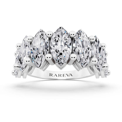 14K White Gold Seven Stone Marquise Cut Diamond Half Eternity Wedding Band - 3mm - Front